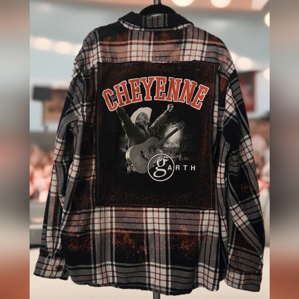 Upcycled GARTH BROOKS Cheyenne Frontier Days Distressed Plaid Flannel Shirt